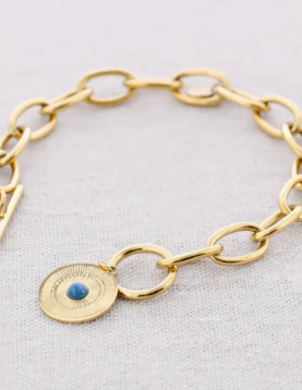 Pulseira Aço Elos Dourados Com Medalha Olho